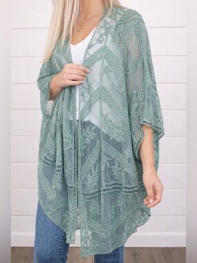 🌱 Three Bird Nest Whimsy and Lace Sheer Embroidered Kimono in Sage